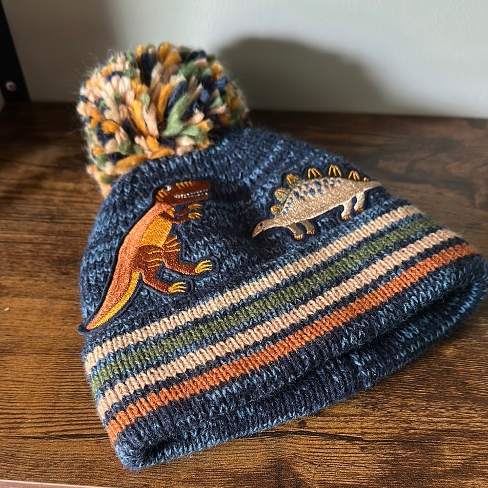 Kids Dinosaur Pom-Pom Beanie - Blue and Multicolor Warm Knit Fleece Lined 4T-5T